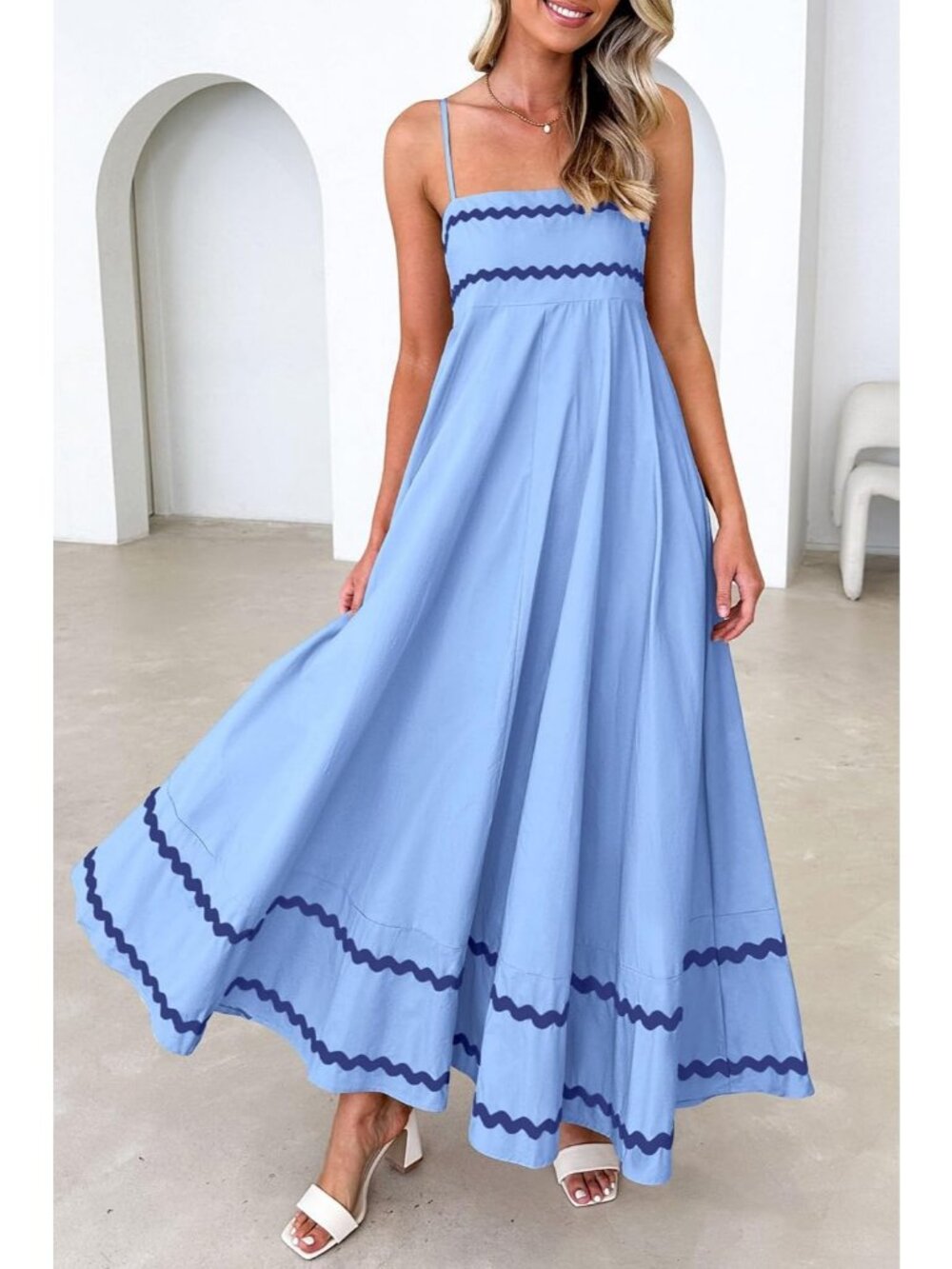 Women's Light Blue Sleeveless Square Neck High Waist Pocket Imported Maxi Dress - Picture 6 of 6